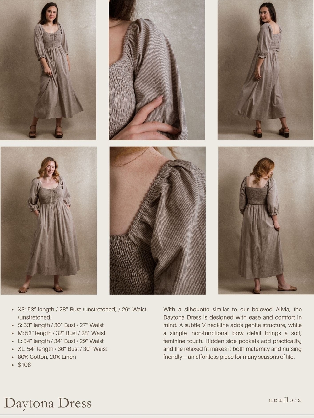 Neuflora Daytona Dress — Taupe Smocked Midi Dress